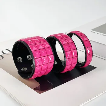 Women's Punk Pyramid Stud Leather Bracelet Adjustable Hot Pink Wide Cuff Bracelets Gothic Fashion Wristband Hand Jewelry Gift 1