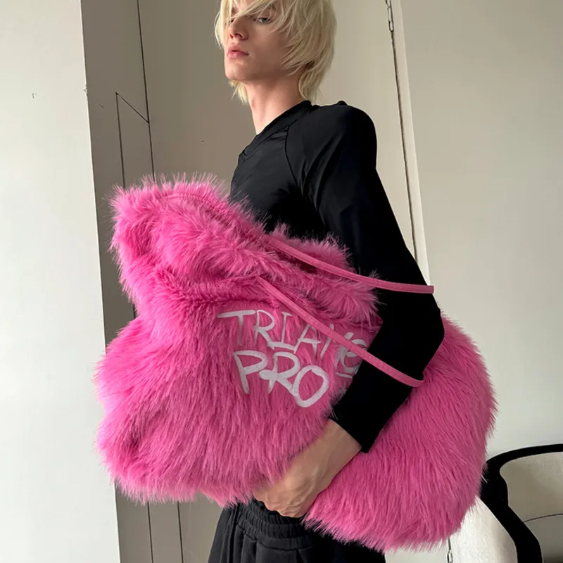 

51x41x15cm Triangles Tote Bag Men Winter Embroidered Faux Fur Handheld Project Bag Single Shoulder Bag Crossbody Bag For Women