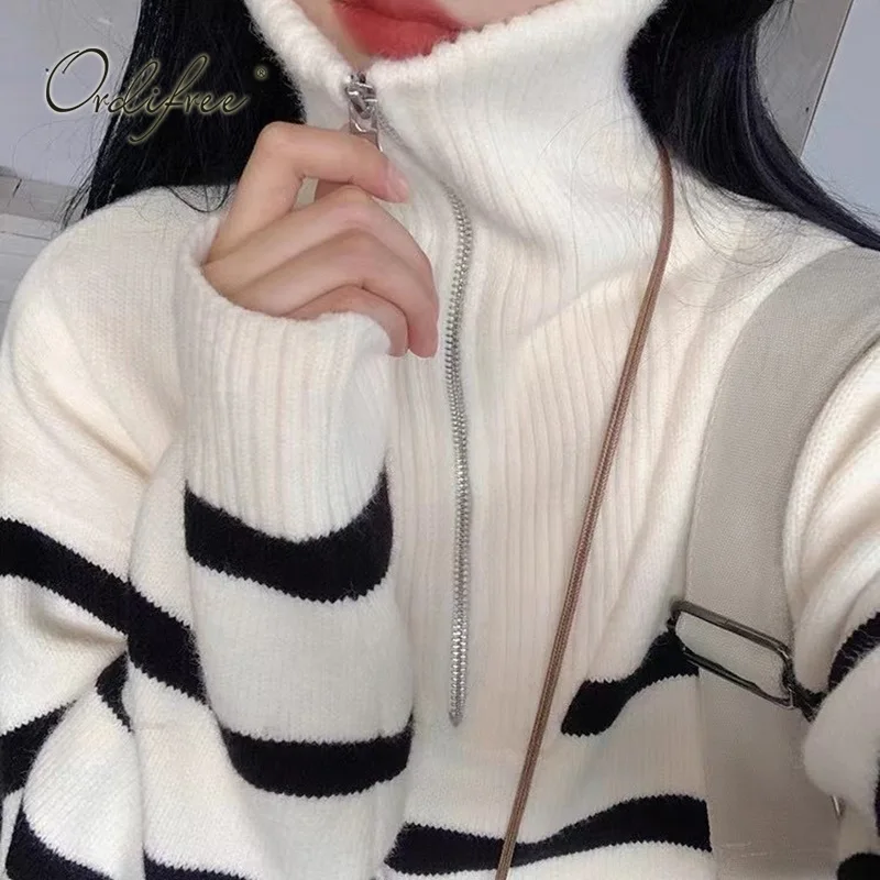 

Ordifree 2022 Autumn Winter Korean Women Striped Sweater Long Sleeve Loose Casual Oversized Turtleneck Sweater