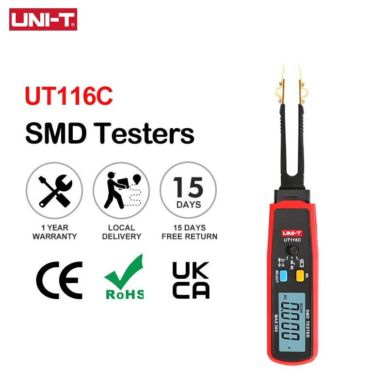 UNI-T UT116C SMD Tester 36V Voltage Battery Measurement Rotable Tweezer Resistance Tester