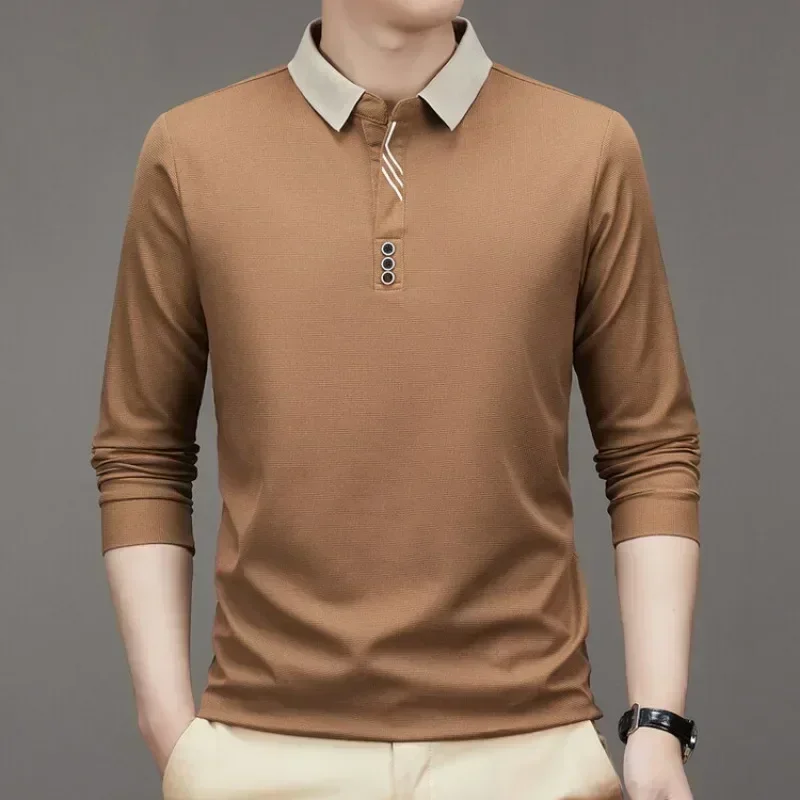 

2024 New Men's Long Sleeve Solid Color Fashion Turn-down Collar Waffle T-shirt Business Casual Contrast Line Polo Shirt