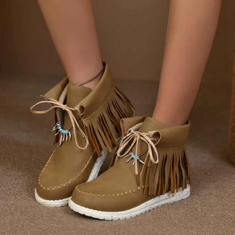 2024 Autumn Women's Casual Comfortable Ankle Snow Boots Retro Solid Color Lace Up Round Toe Flat Heel Casual Walking Shoes 36-43