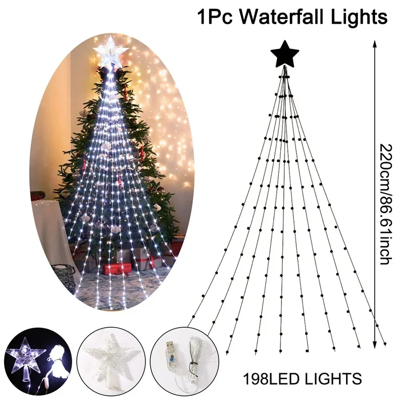 198 luces LED en forma de cascada con forma de estrella para interiores y  exteriores, cadena de luces navideñas para adornos de árboles de Navidad,  decoración del hogar, regalos de Navidad, Año