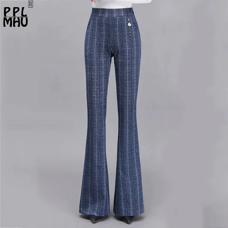 Vintage Stripe Skinny Flare Pants Women Ankle Length High Waist Stretch Pantalons New Spring Blue Elegant Bell-Bottom Trousers fashion ladies blue jeans ladies comfortable denim trousers solid color casual pantalons retro flared pants clothes y2k 2000s