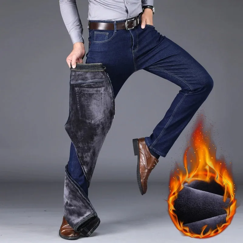 

2023 Winter New Men's Warm Slim Fit Jeans Business Fashion Thicken Denim Trousers Fleece Stretch Brand Pants Black Blue