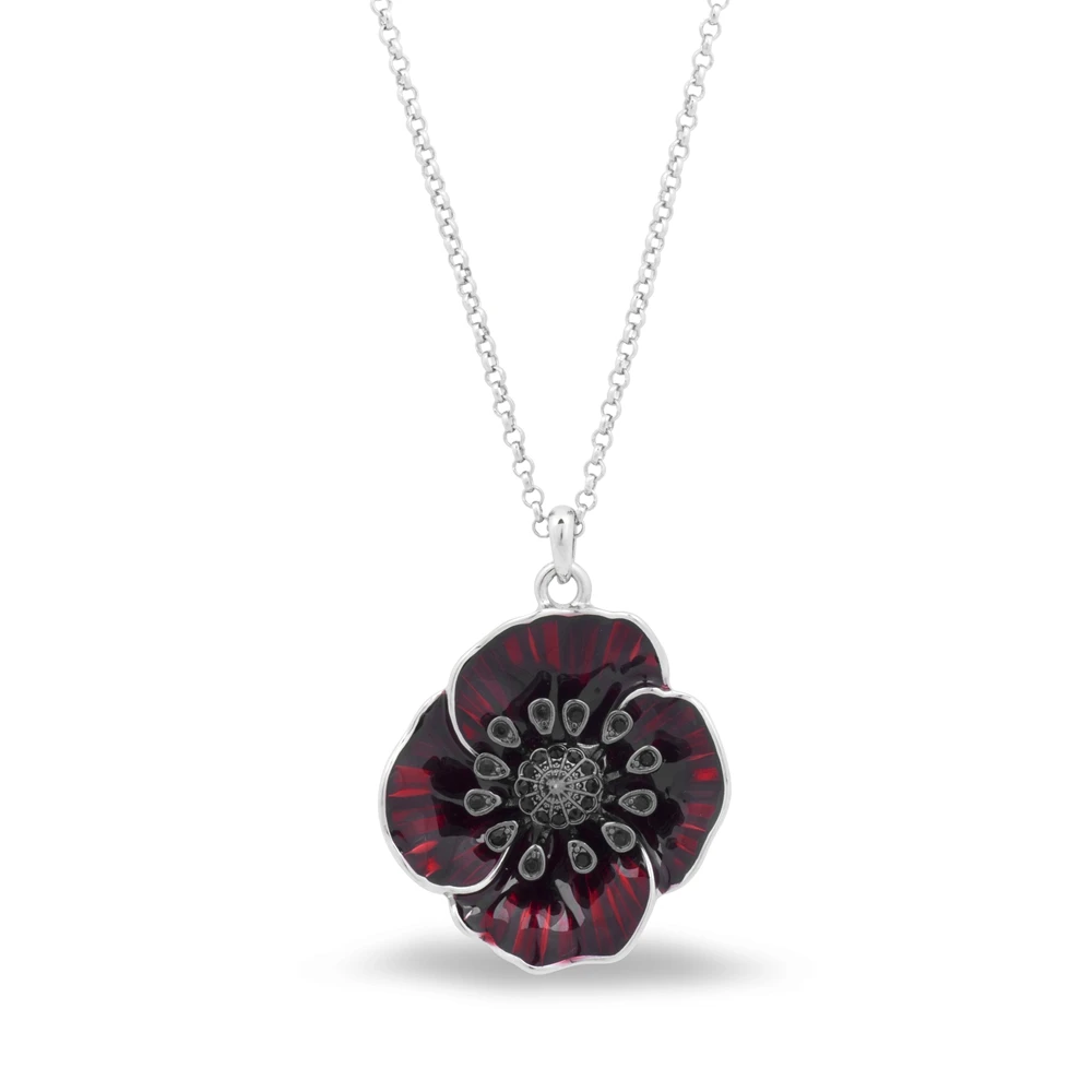 

White Gold Red Enamel Floral Poppy Necklace