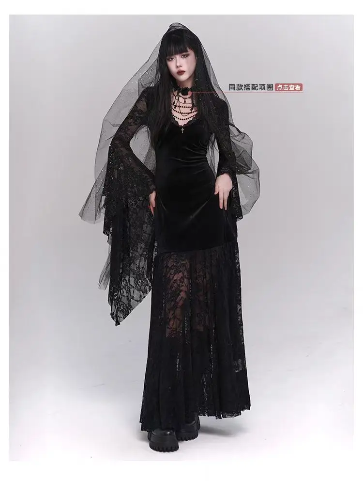 Gothic Black Midi Dresses Women V-neck Irregular Flrae Sleeve Y2k Vintage Lace Bandage Dark Style Harajuku Fashion Clothing New