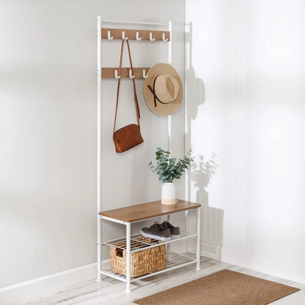 

Entryway Hall Tree with Bench and Shoe Storage, White/Walnut White, 300 lbs