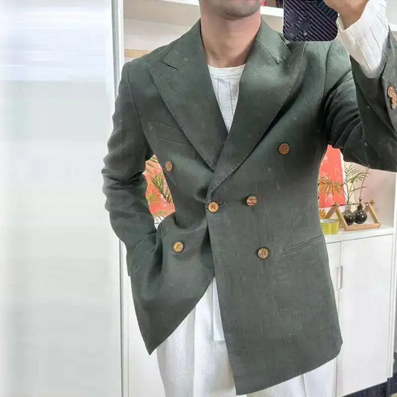 British Style Men Italian Linen Wide Collar Versatile Blazer Hombre Suit Chaqueta Hombre Prom Blazer Vintage Burgundy
