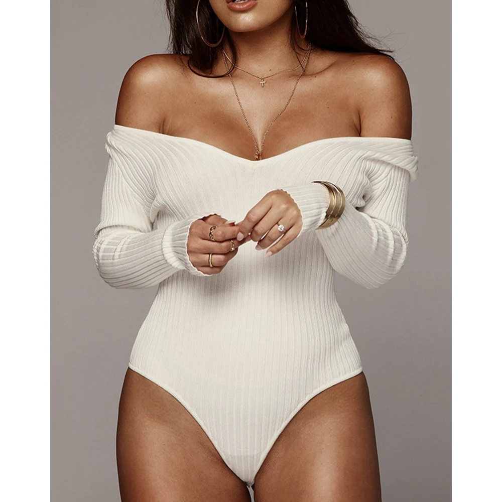 

Women Ribbed Long Sleeve V-Neck Knitted Romper Bodysuit Fashion Femme Slim Fit Sexy Off Shoulder Knitted Jumpsuit Playsuit Women