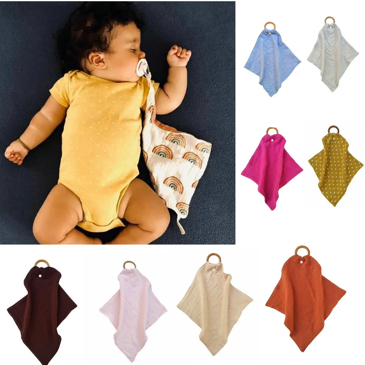 Baby Bibs Baby Saliva Towel Towel Burp Cloth With Wood Teether Ring For Children Pacifier Cloth Muslin Bibs Accessories