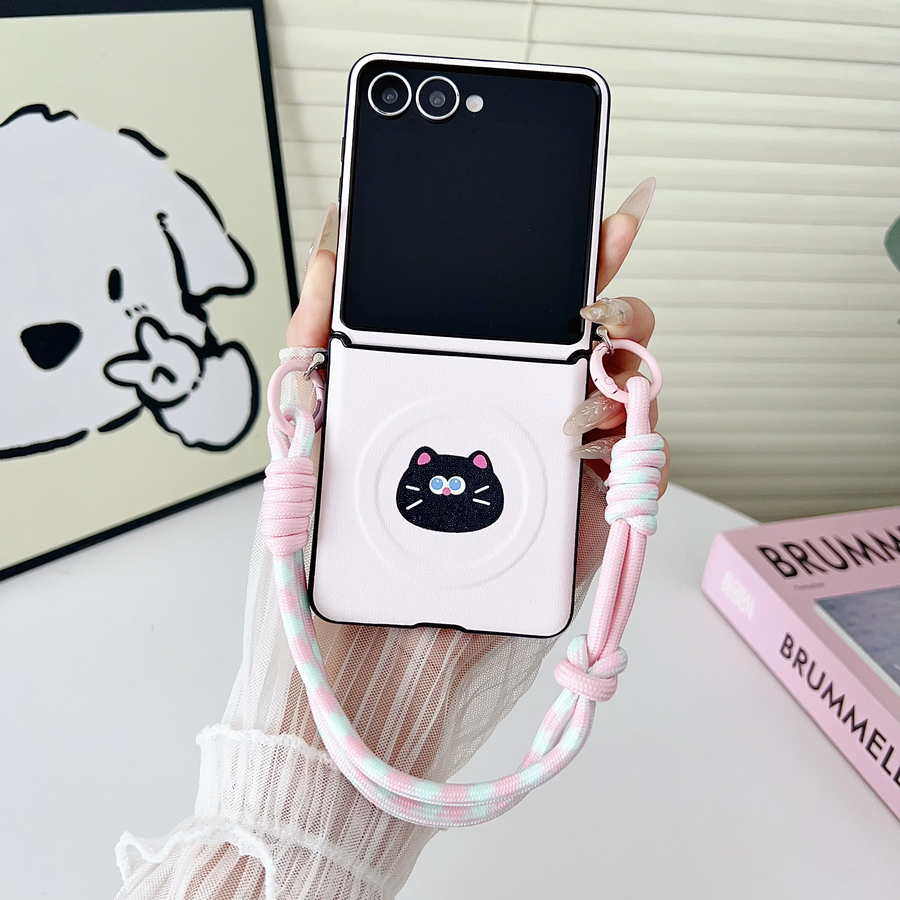 Magnetic Bracket Leather Cartoon Phone Case with Protective Lanyard Cover