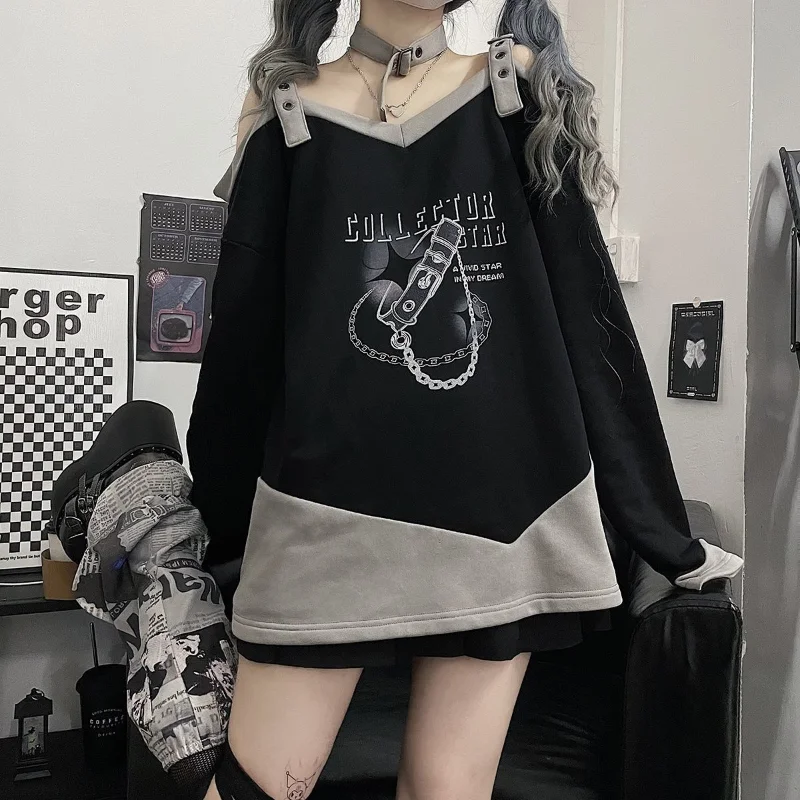 Off Shoulder Print Sweatshirts Women Harajuku Strap Loose Japanese Style with Choker Sweet Sexy Kawaii Y2k Clothes Chic Baggy