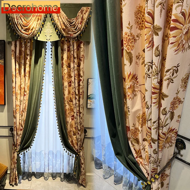 

American Rural Retro Jacquard Green Chenille Thickened Splicing Curtains for Living Room Bedroom French Window Balcony Window
