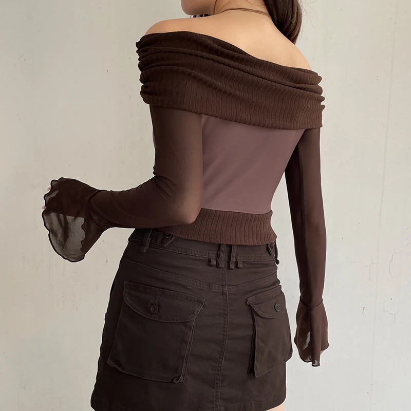 Top de mujer con mangas acampanadas y hombros descubiertos, estilo patchwork, estilo Y2K, estilo grunge, corte entallado, estilo vintage sexy, otoño de los años 2000