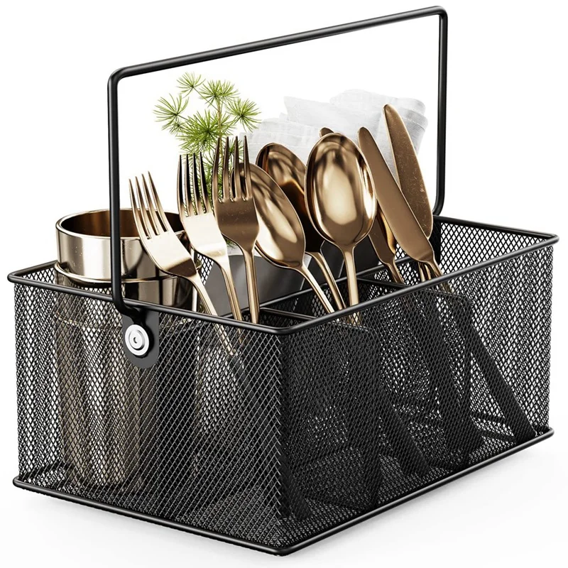 

Black Basket Metal Basket With 4 Compartments, Mesh Flatware Holder Organizer Perfect For Home, Kitchen, Party, Camping
