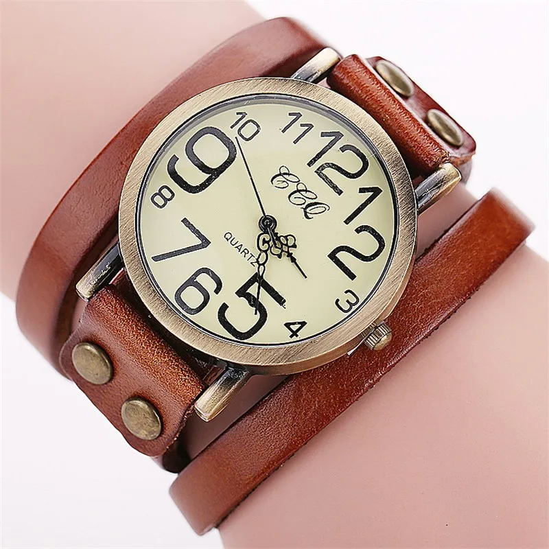 1PC Watch For Women Fashion Round Dial Retro Leather Strap Quartz Watch