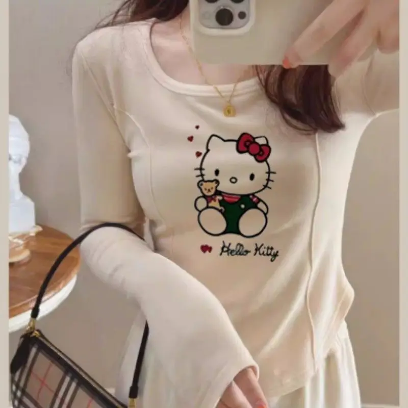 

Kawaii Anime Sanrio Hello Kitty Undershirts New Cute Cartoon Sweet Underlar Women with Slim Fitting Long Sleeved T-Shirt Top