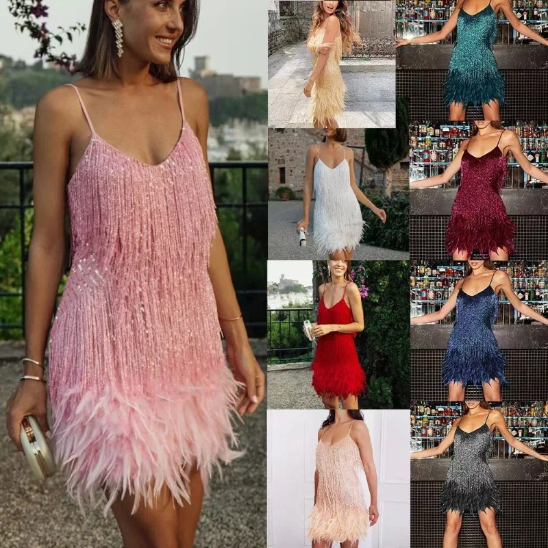 Abito da donna con frange di paillettes, scollo a V, abito da festa con finiture in piume, glamour per compleanno