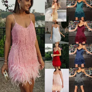 Abito da donna con frange di paillettes, scollo a V, abito da festa con finiture in piume, glamour per compleanno