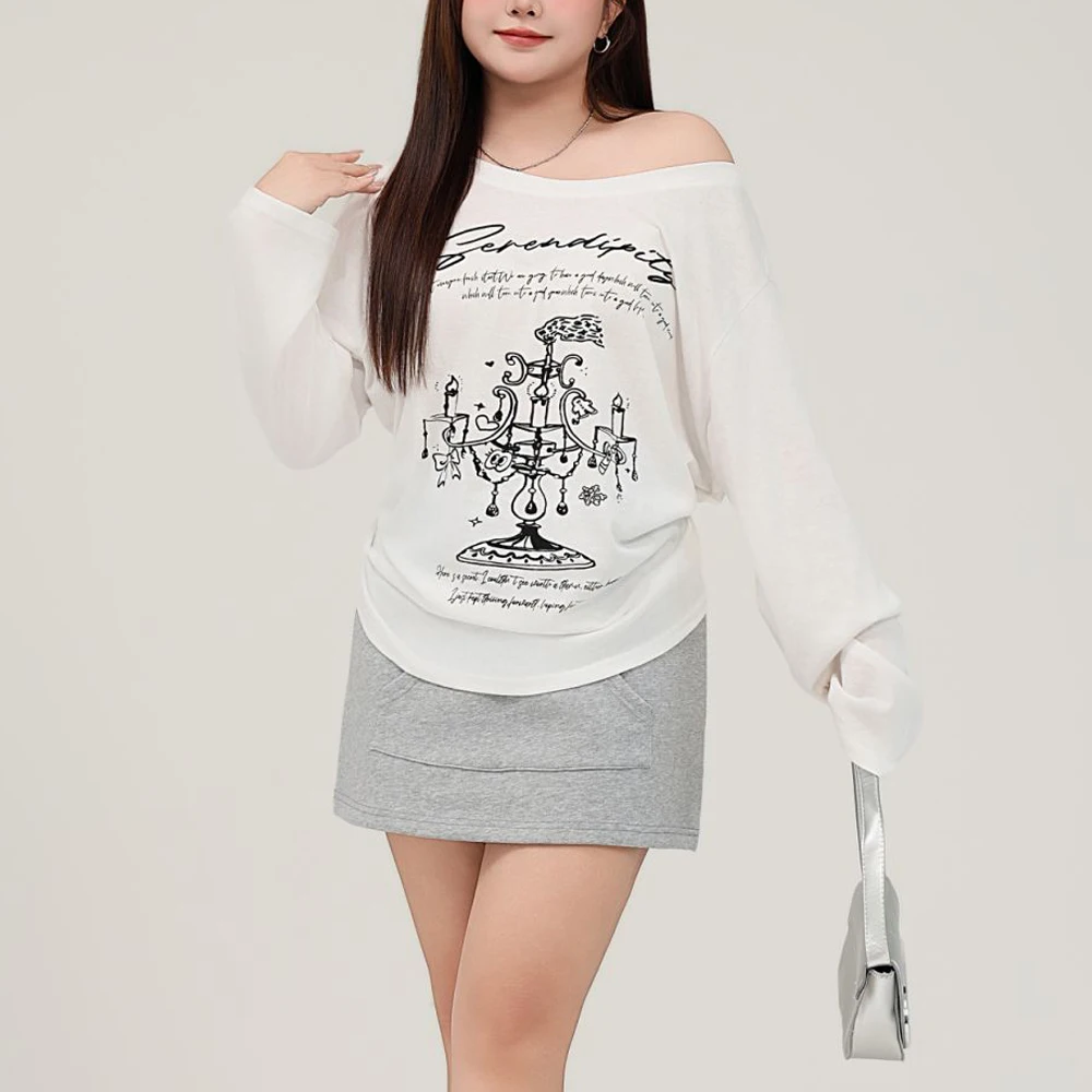 Plus Size Casual Cotton Off-Shoulder Graffiti Print Long Sleeve T-Shirt, Comfortable Loose Fit Top For Women, Spring Summer Tee