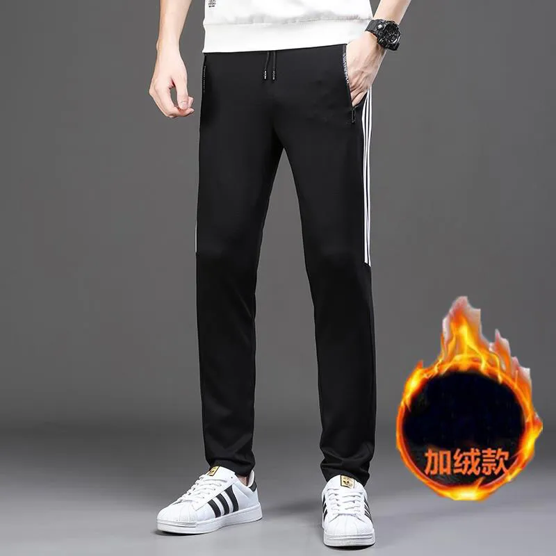 Men's Autumn and Winter New High Waist Elastic Spliced Zipper Pocket Fashion and Casual Three Bar Loose Small Feet Pants