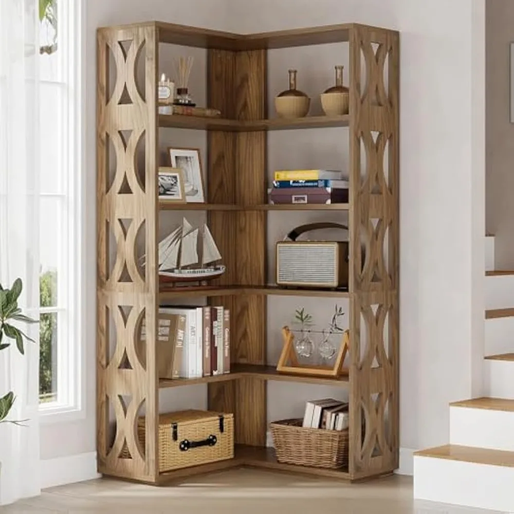 5-Tier Corner Bookshelf, L Shaped 66-Inch Corner Bookcase, Farmhouse Tall Bookshelves, Rustic Display Shelf Storage Organizer 6