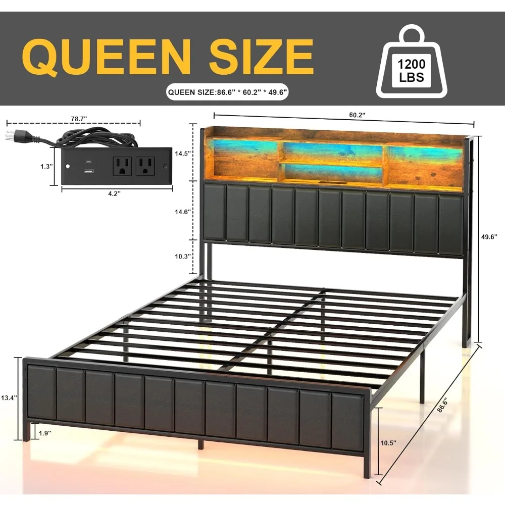 Queen Size Bed Frame with Storage, Upholstered Shelves Headboard Outlets with Charging Ports and Colorful LED Lights 2