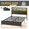Queen Size Bed Frame with Storage, Upholstered Shelves Headboard Outlets with Charging Ports and Colorful LED Lights 2