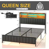 Queen Size Bed Frame with Storage, Upholstered Shelves Headboard Outlets with Charging Ports and Colorful LED Lights 2