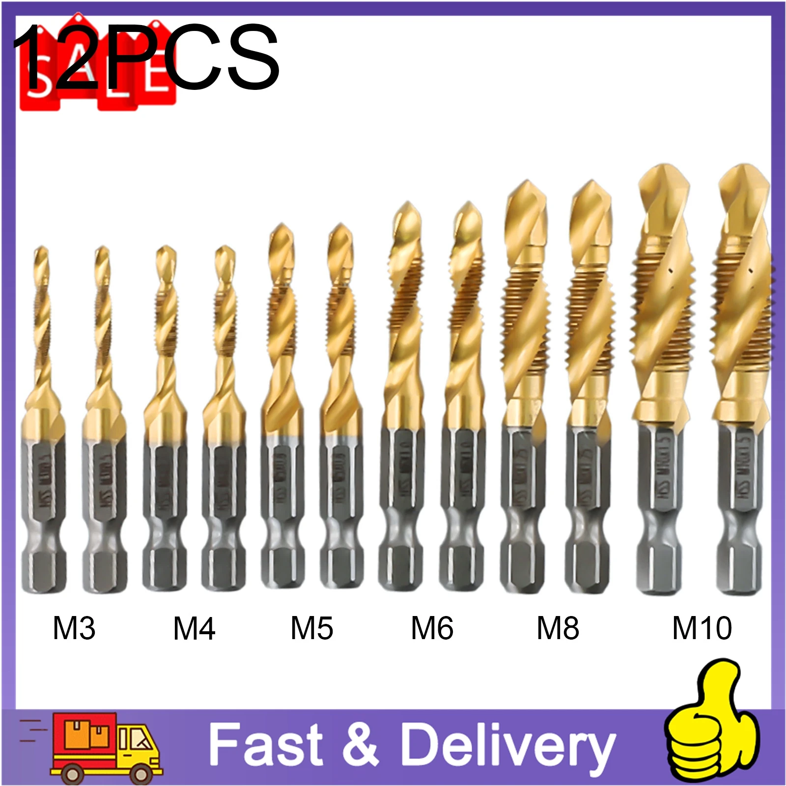 

12Pcs HSS 4341 Tap Drill Bit Hex Shank Titanium Plated Thread Metric Tap Screw Thread Bit Screw Machine Compound Tap Tools Parts