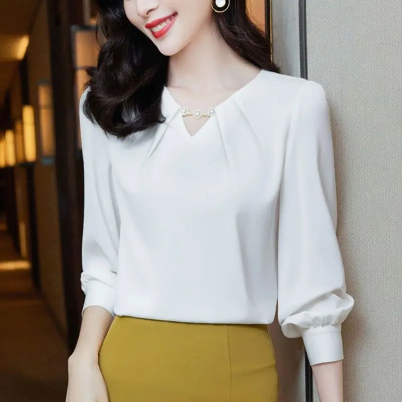 자수 플레어 블라우스, 시크한 단색 블라우스, 오피스 레이디 여성복, 한국 상의 티셔츠, 하이엔드 우아한 패션, 2023 신상