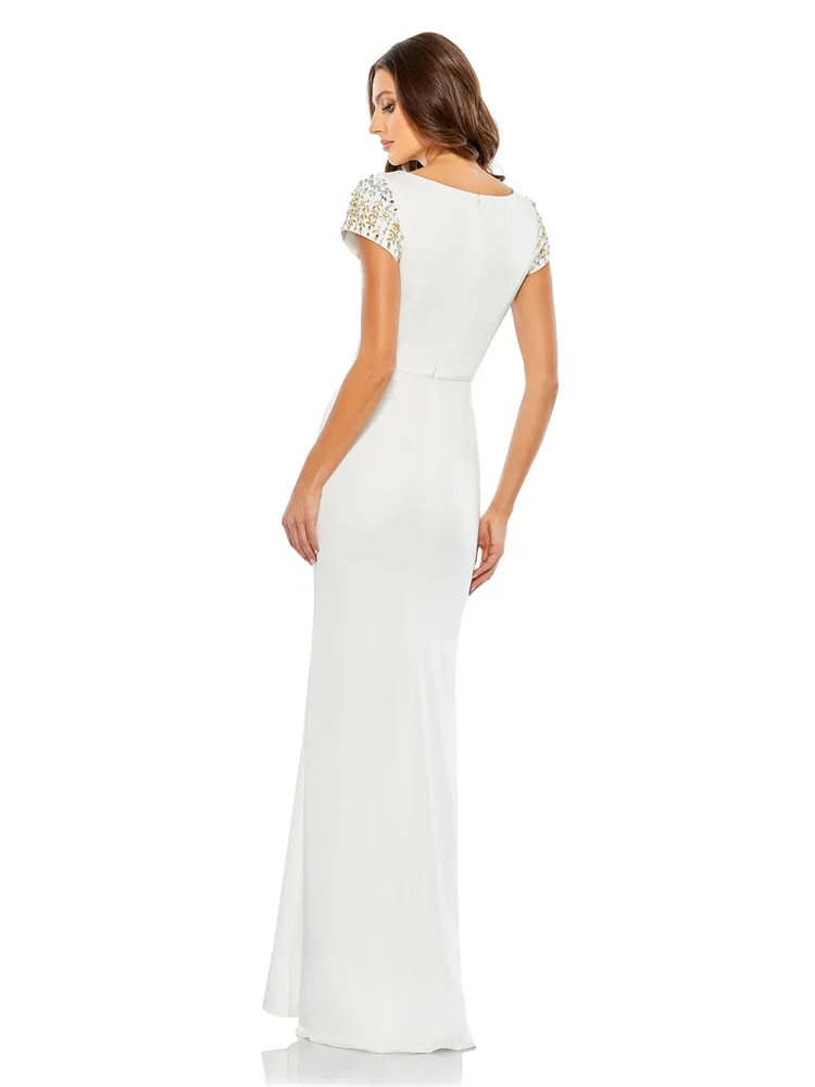 Straight Elegant Mother Of The Bride Wedding Party Dress Satin O Neck Short Sleeves Back Zipper Floor Length With Embroidery