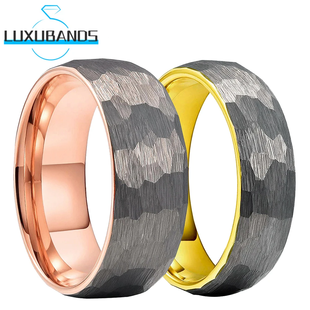 Tungsten Carbide Hammered Ring For Womens Mens Gold Rose Engagement Wedding Domed Bands 8mm 6mm ...