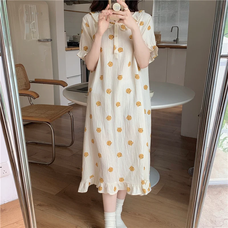 

Cartoon Bear Cute Nightgown Women Cotton Sleepdress Loose Apricot Short Sleeve Ruffles Home Clothes Ladies Soft Nightdress S004