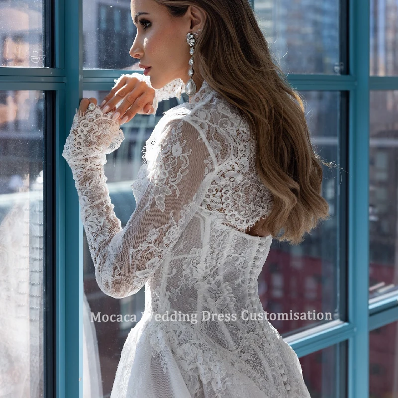 Customized Wedding Dresses Elegant Lace Long Sleeve A-Line Button Boho Bridal Gowns robe de mariée
