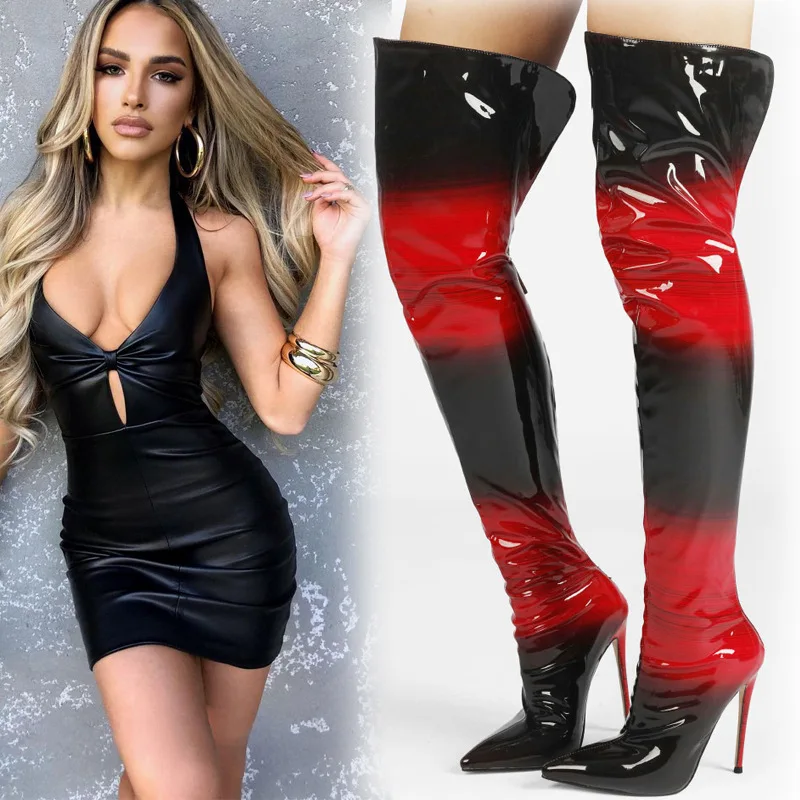 

Super High Heeled Over-the-knee Boots Sexy Glossy Back Zippered Ultra-thin Heels European and American Plus-size Stretch Boots