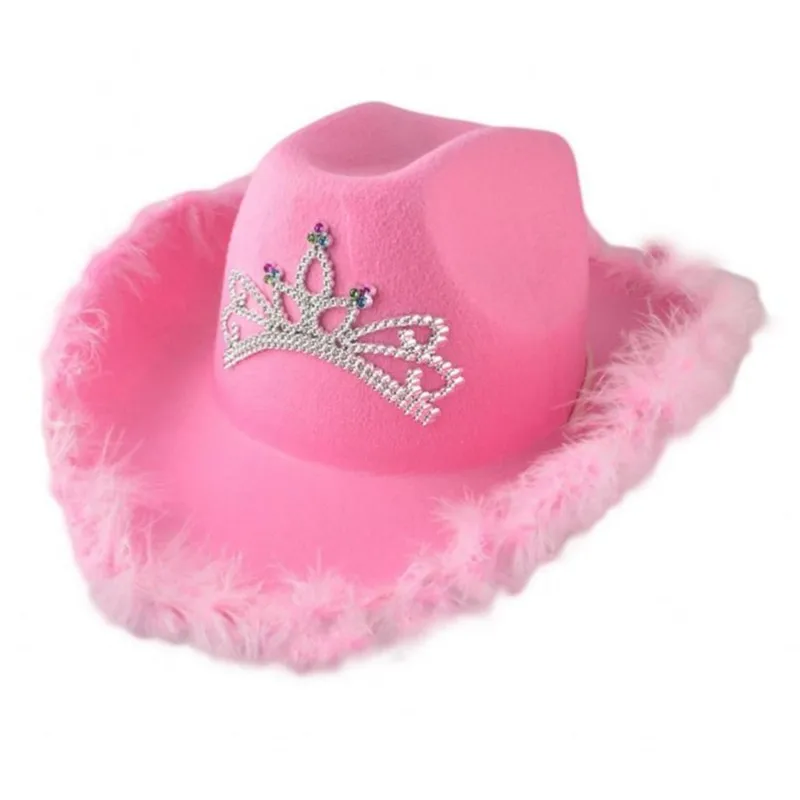 Rosa Krone westlichen Cowgirl Hut Frauen Mädchen Tiara Feder Filz Pailletten Cowboy Cap Kostüm Party Jazz Caps Halloween Cosplay Requisiten – Detail 8