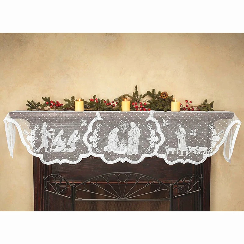Christmas Lace Tablecloth 1Pcs Virgin Mary Religious Day Fireplace Cover Table Runner Furnace Cloth Home Party Supplies rectangular tablecloth,table cloth
