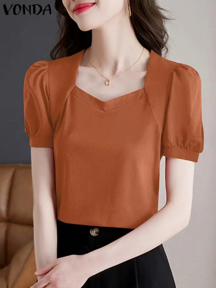 

VONDA Fashion Blouse Women Summer Short Sleeve Shirts 2024 Elegant Sexy Square Collar Tops Tunic Casual Loose Blusas Femininas