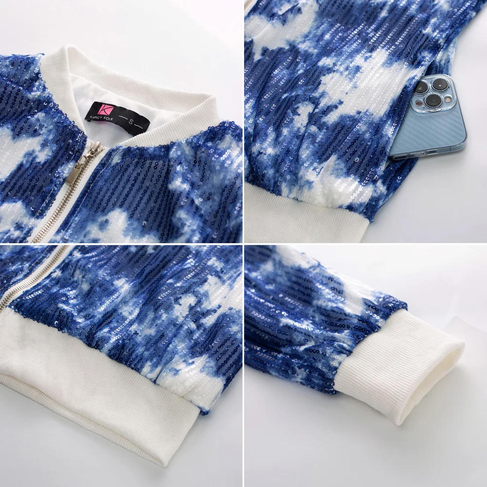 KK Women's Coat Sequined Tie Dye Printed Party Jacket Spring Autumn Long Sleeve Zip Up Base Ball Collar Coat Outerwear