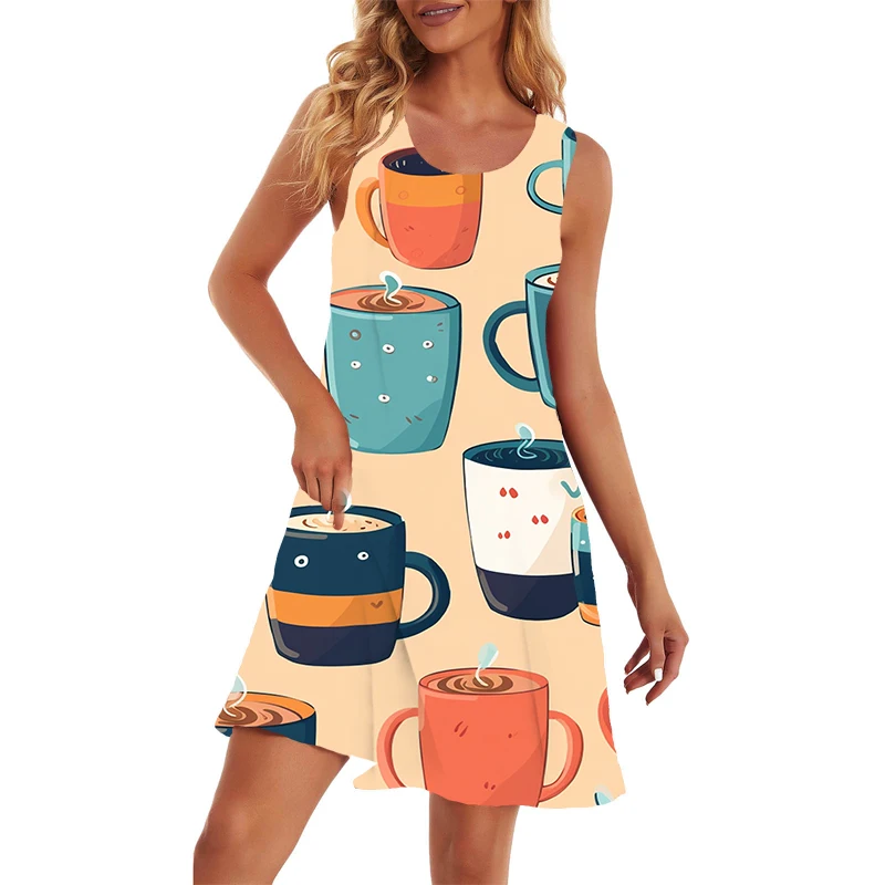 

Summer new lady's sleeveless dress coffee 3D printed lady sleeveless dress fashion trend leisure ladies sleeveless dress