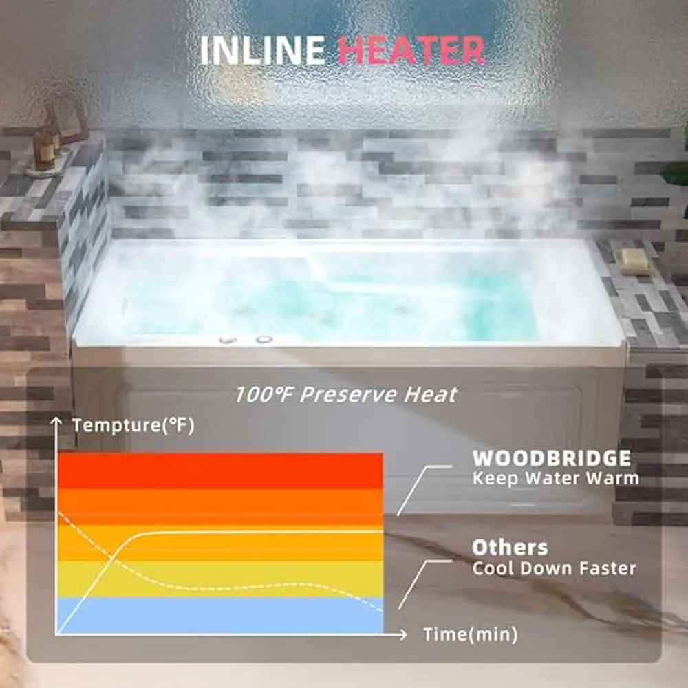 60" White Alcove Acrylic Jetted Tub with Heated Soaking and LED Lights Left Drain BS6030L 5