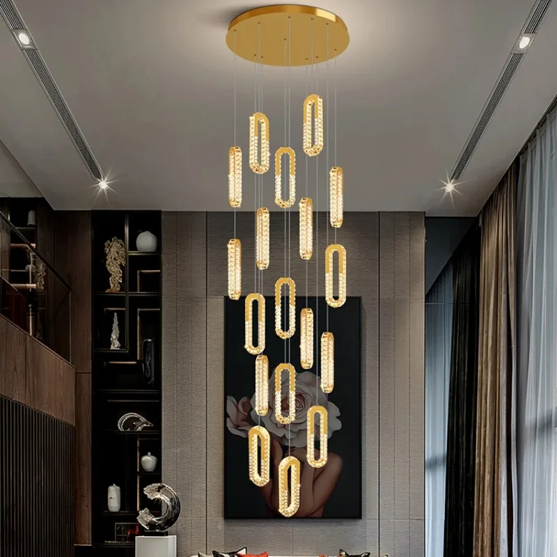 

2023 Modern Design Indoor Metal Chandelier Golden Crystal Stair Hotel Restaurant Living Room Pendant Lighting hanglamp woonkamer