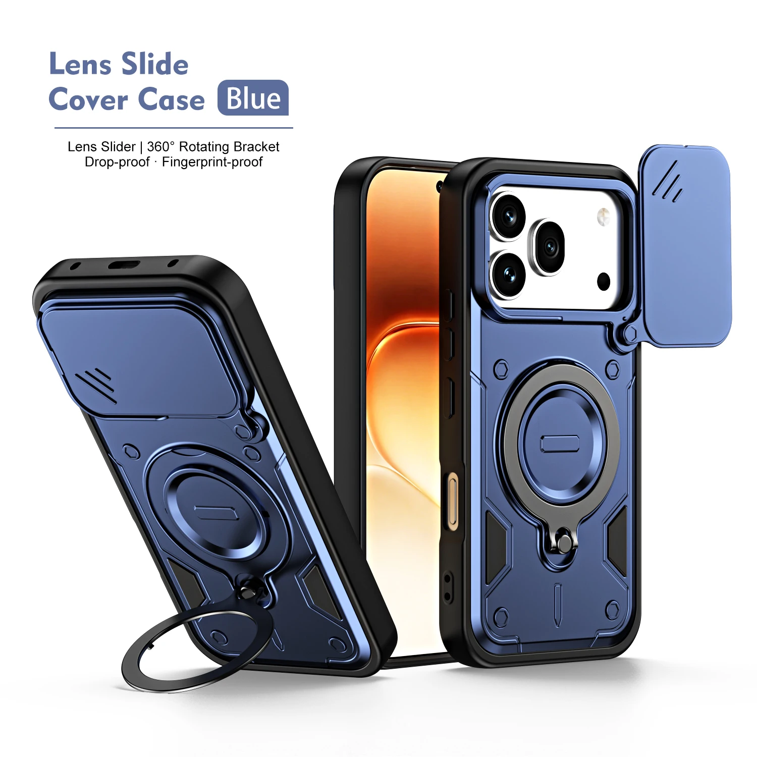 Dual-Function Dropproof Protective Case with Sliding Lens Cover and Metal Ring Bracket
