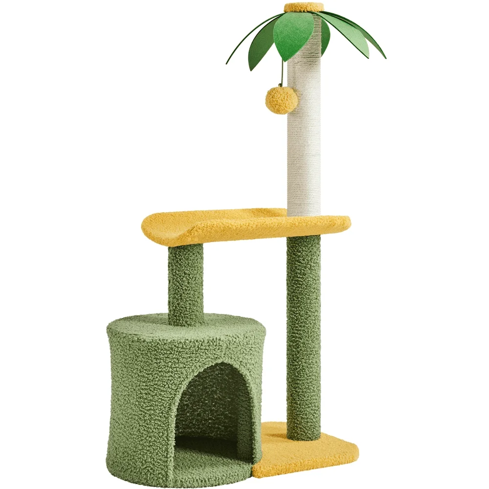 

Smile Mart Upholstered 2-Level 37" Coconut Palm Cat Tree with Bending Perch, Gree/Yellow