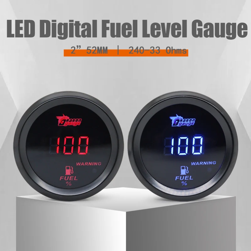 범용 디지털 디스플레이 자동차 연료 레벨 게이지, 240-33 Ohms, 블루 LED, 레드 LED, 12V 연료 레벨 게이지, 백라이트 조명, 2 인치, 52mm