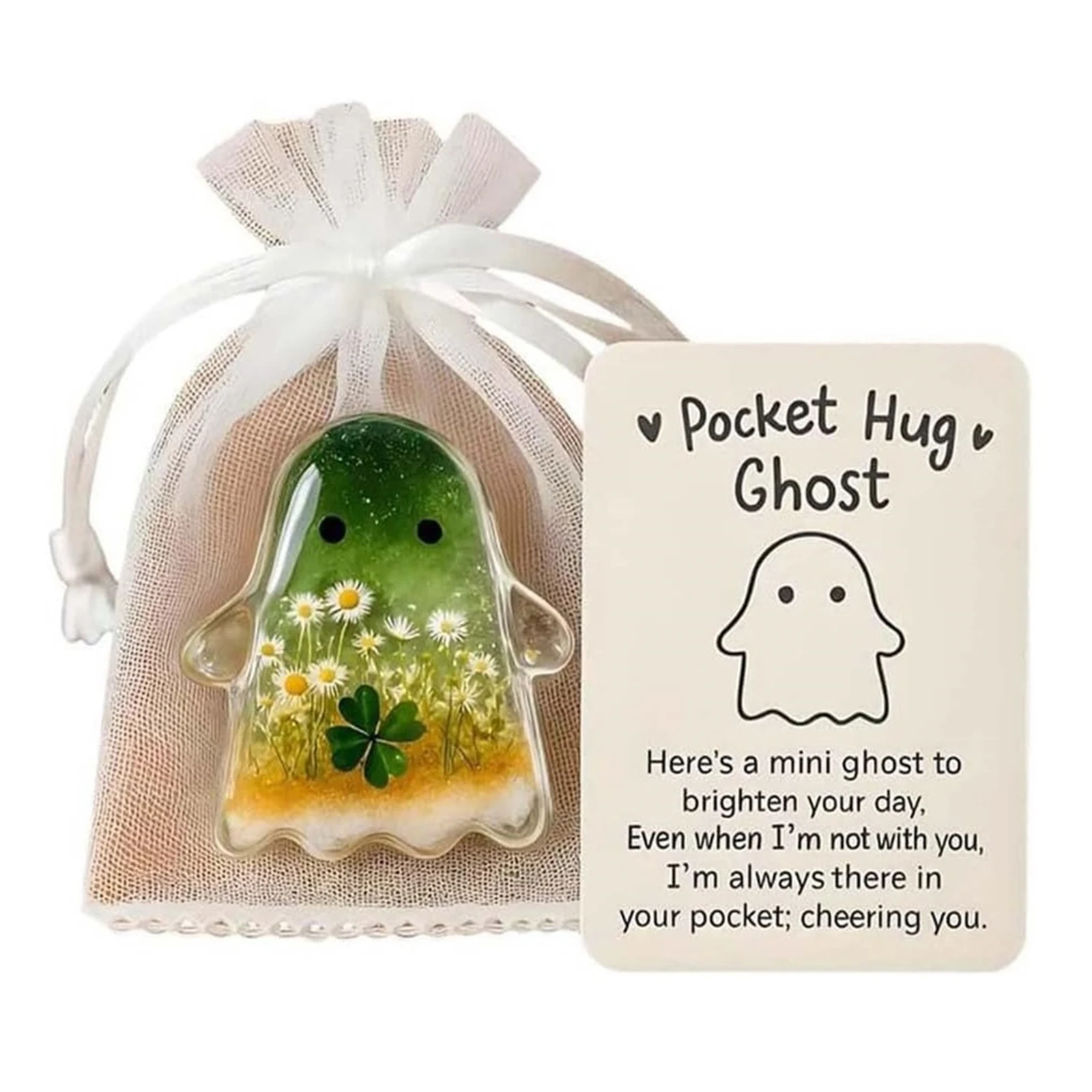 Pockets Hug Ghost Keepsake with Positive Cards Figure Sculpture Mini Charm for Halloween Christmas Loved Ones Friends