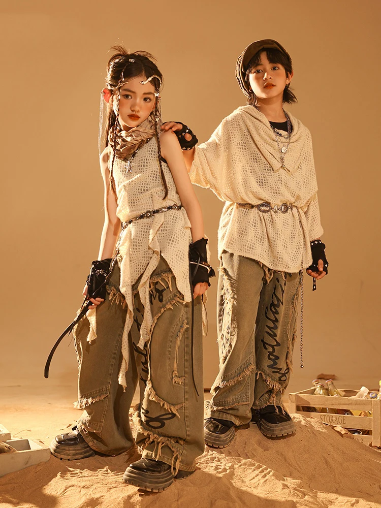Children Hip Hop Dance Costumes Girls Loose Tops Denim Pants Suit Boys Modern Jazz Dance Performance Clothes DQS0 girl dance costume children costumes