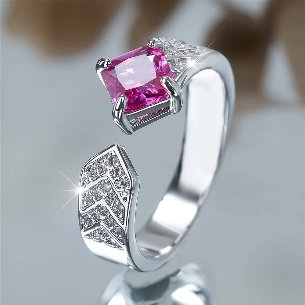 Charm Female Rose Red Square Stone Adjustable Open Ring Silver Color Cute Gift Wedding Jewelry For Women